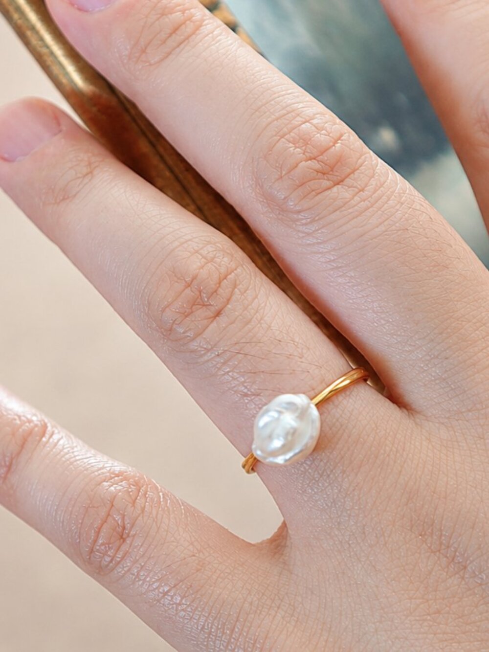 Baroque Freshwater Pearl Ring 925 Sterling Silver 18K Gold Plated Adjustable